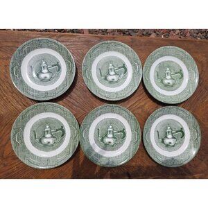 Set Of 6 Vintage Green & White Ceramic Teapot Design Salad Plates Retro Charm Ki